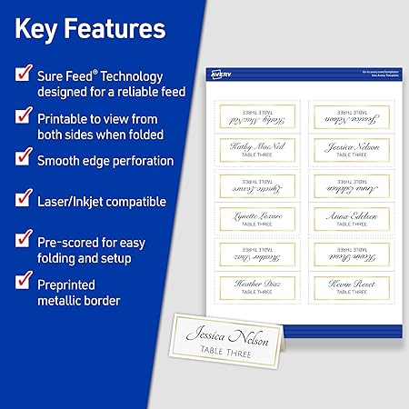 Avery Printable Place Cards – 150 Pack, White & Gold, 1-7/16" x 3-3/4" - Image 2