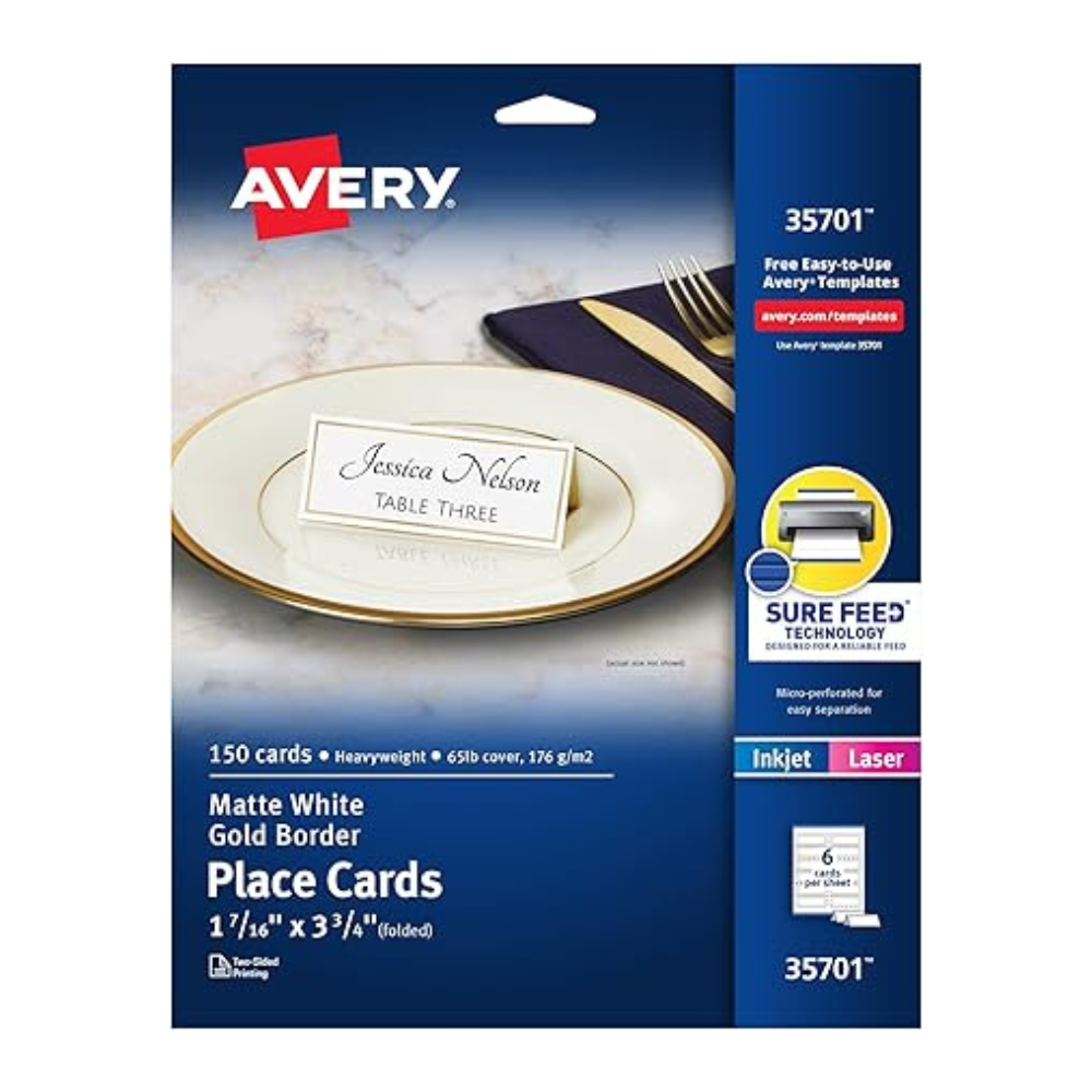 Avery Printable Place Cards – 150 Pack, White & Gold, 1-7/16" x 3-3/4"